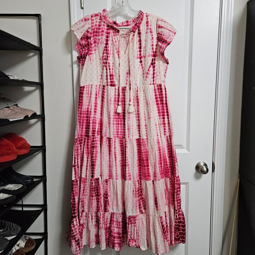 THML Anjuna Tie Dye Maxi Dress Womens Large Pink Tiered Metallic Tassel Boho - Picture 2 of 12